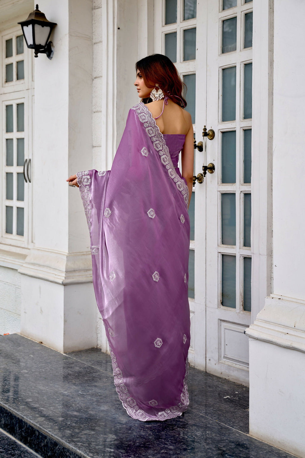 Vastranavya Lavender Embroidery Work Shimmer Chiffon Saree with Unstitched Blouse | Grocsy