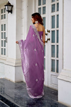 Vastranavya Lavender Embroidery Work Shimmer Chiffon Saree with Unstitched Blouse | Grocsy