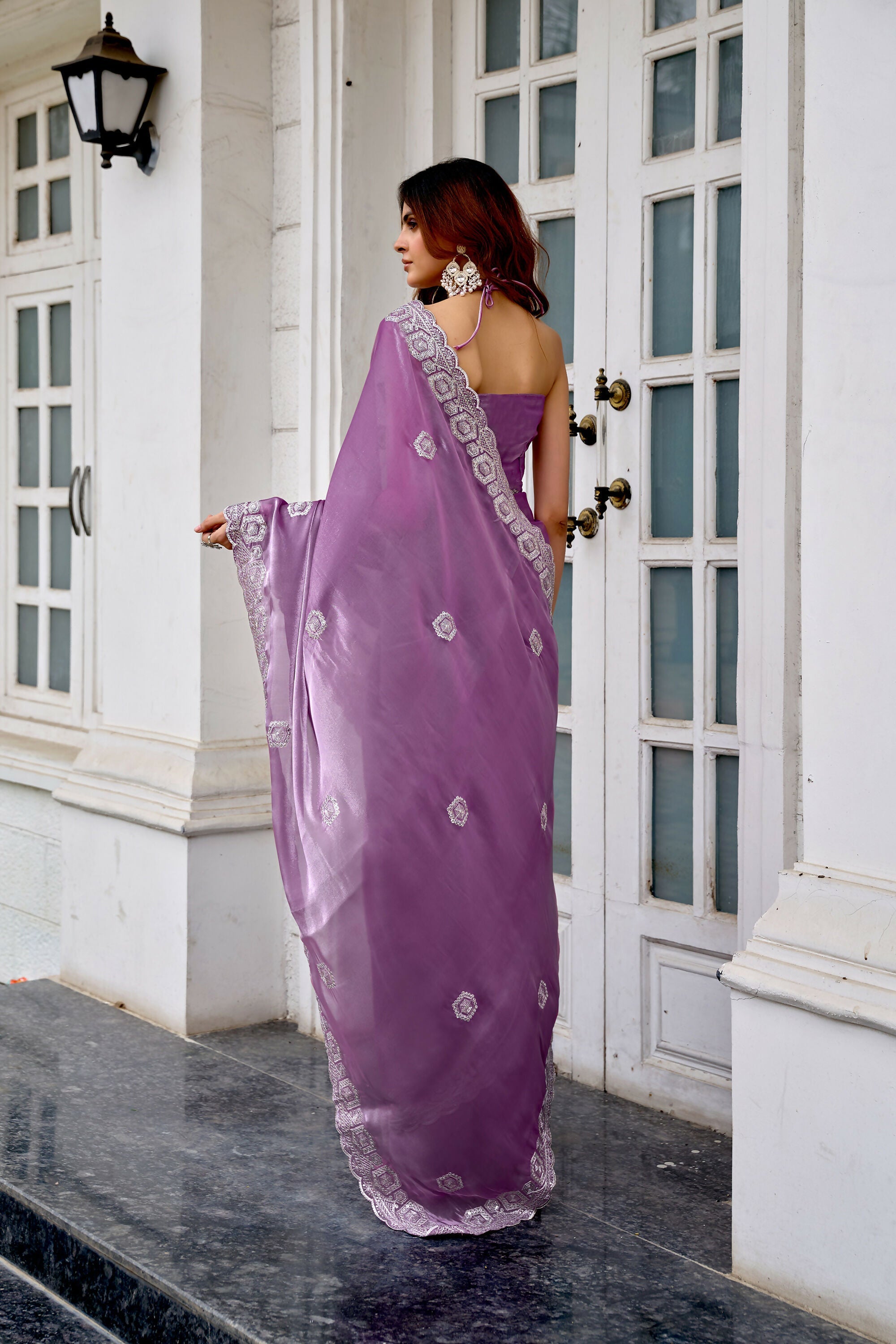 Vastranavya Lavender Embroidery Work Shimmer Chiffon Saree with Unstitched Blouse | Grocsy