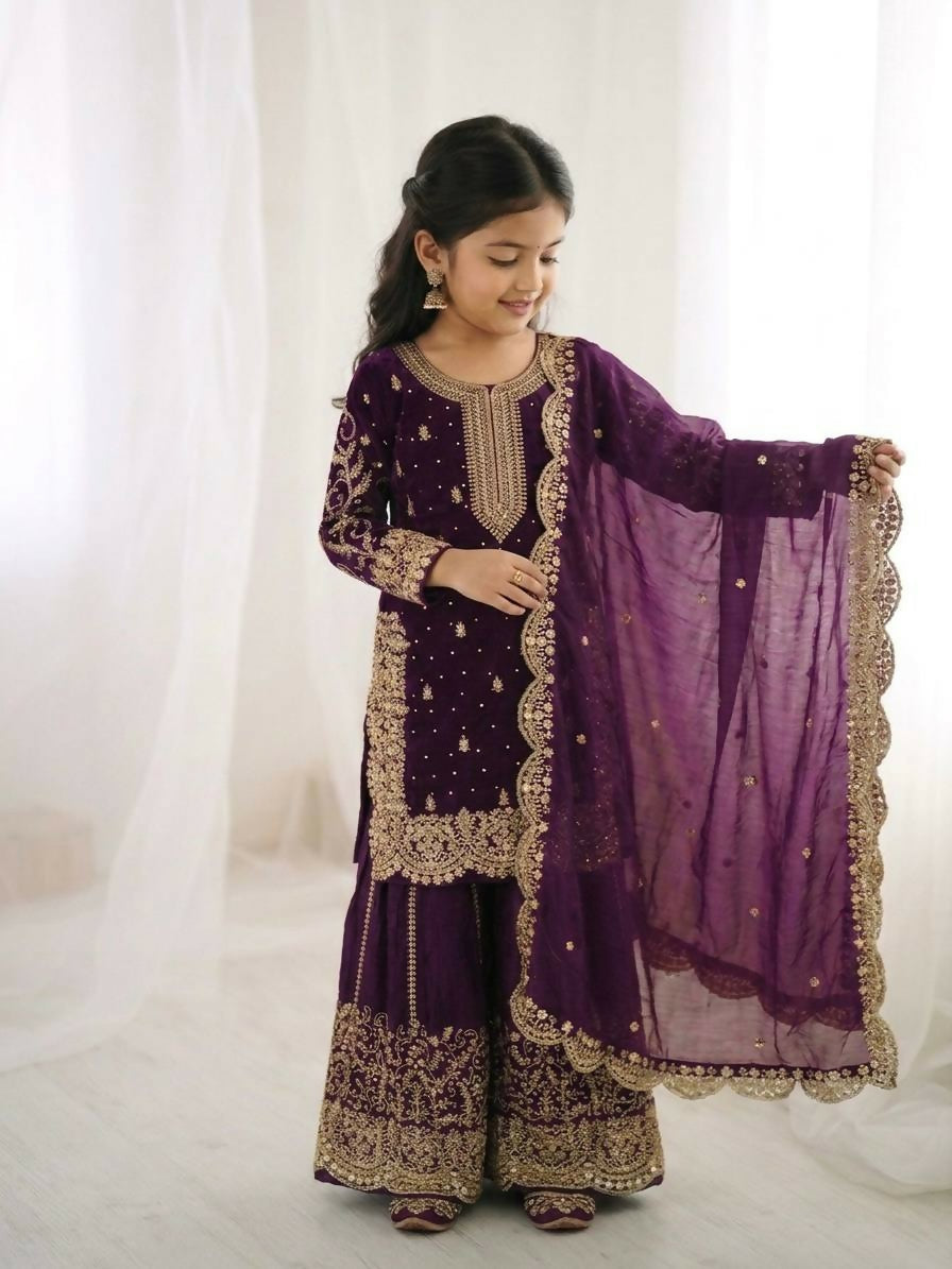 Teeya Creation Girls Heavy Embroidery Purple Ethnic Kurta And Palazzo Set With Net Dupatta | Grocsy