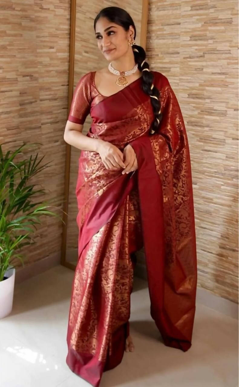 DEIANA'S Beautiful Designer Golden zari Soft Lichi Silk Saree - Brown | Grocsy