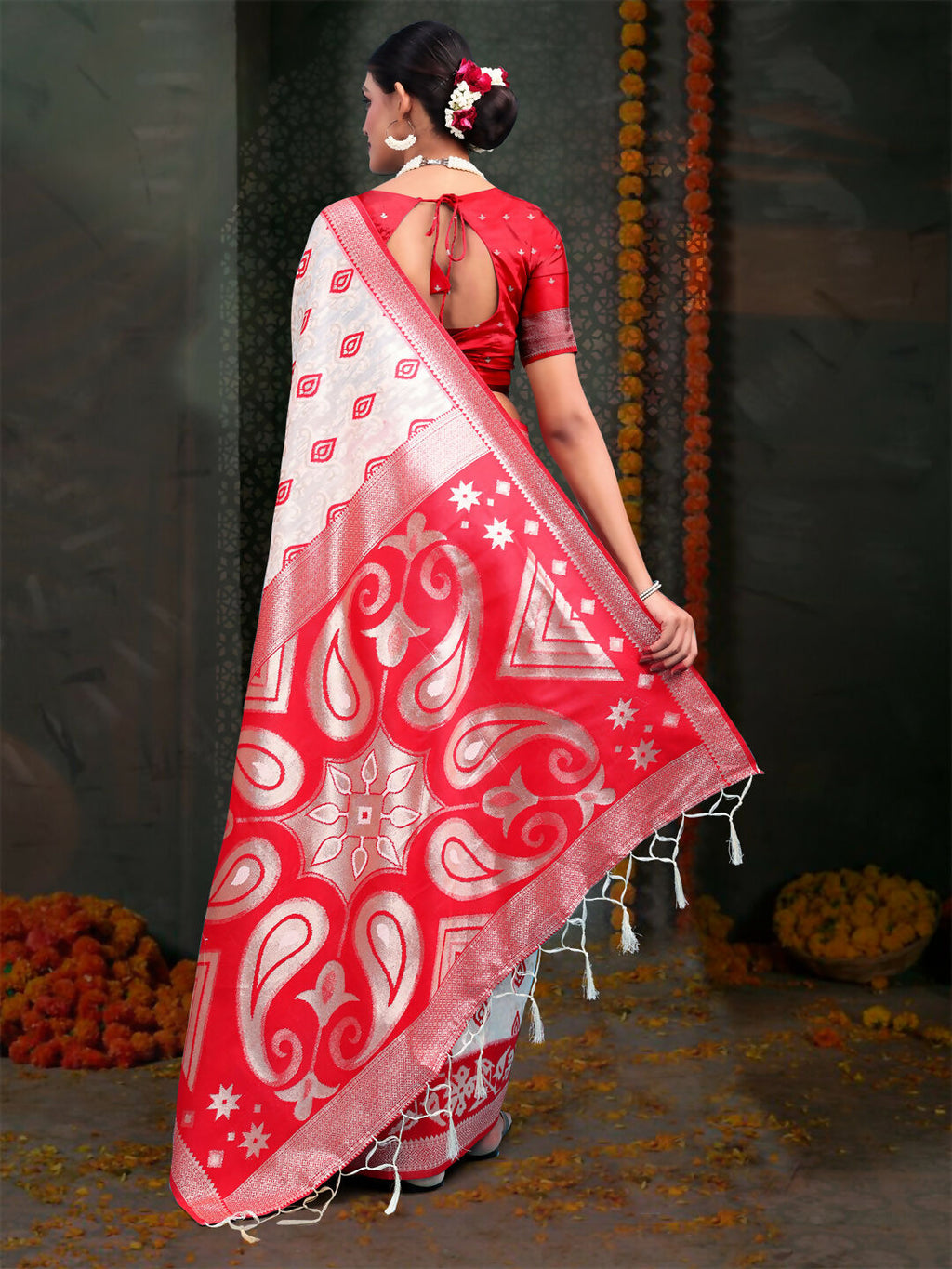 Shree Shyam Fashion Devistuti Red White Linen Cotton Saree | Grocsy