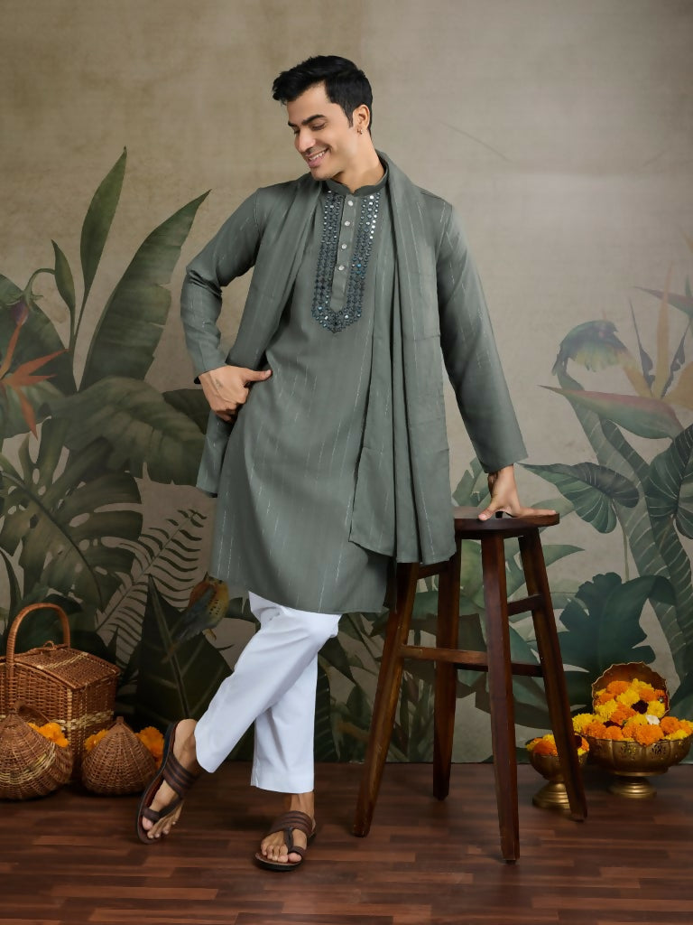 Vastranavya Rust Green Exclusive Viscose Rayon Festival Wear Real Mirror Work Kurta with Dupatta | Grocsy