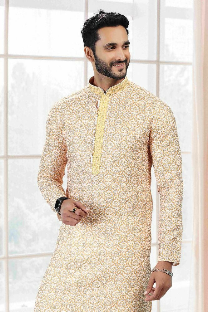 Raivat Ethnic Cotton Thread Work Kurta Pajama In Yellow Colour | Grocsy