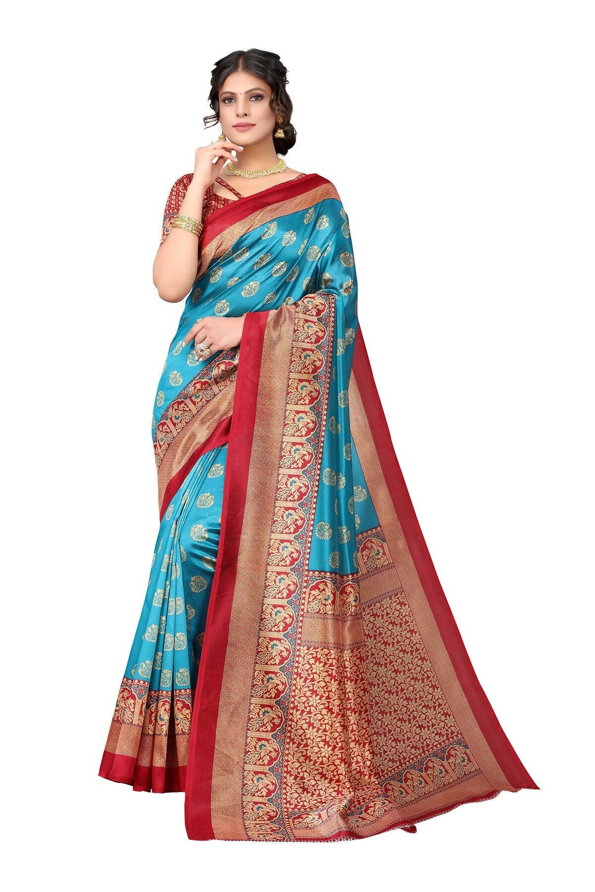 Vamika Sky Blue Printed Art Silk Saree | Grocsy