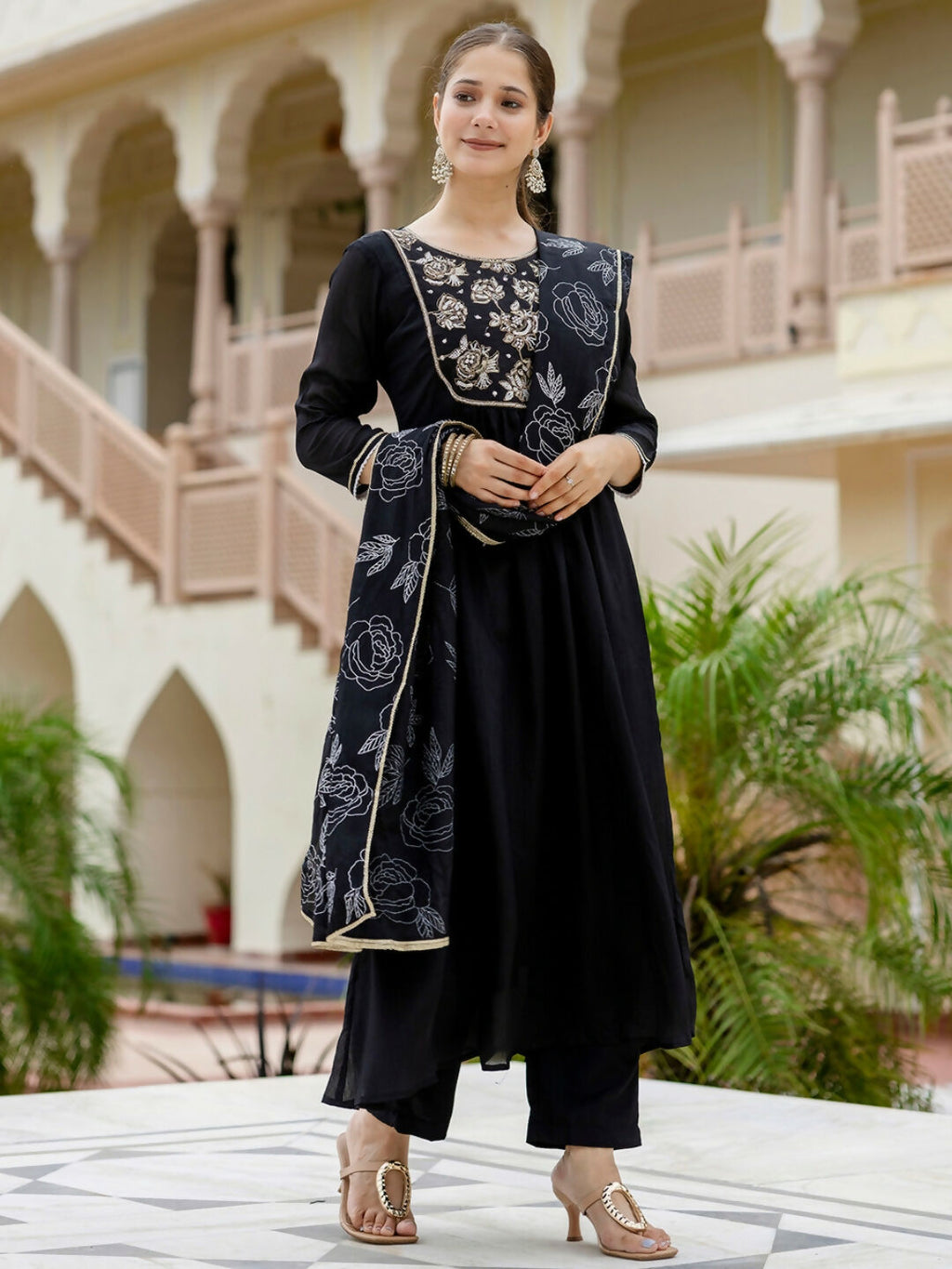 The52 Black Women's Beautiful Embroidered work Chinon Fabric with Flared Kurta, Pant and Dupatta Set | Grocsy
