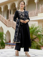 The52 Black Women's Beautiful Embroidered work Chinon Fabric with Flared Kurta, Pant and Dupatta Set | Grocsy