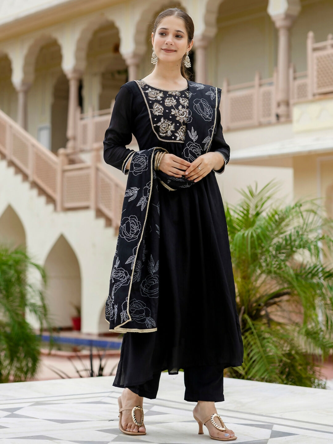 The52 Black Women's Beautiful Embroidered work Chinon Fabric with Flared Kurta, Pant and Dupatta Set | Grocsy