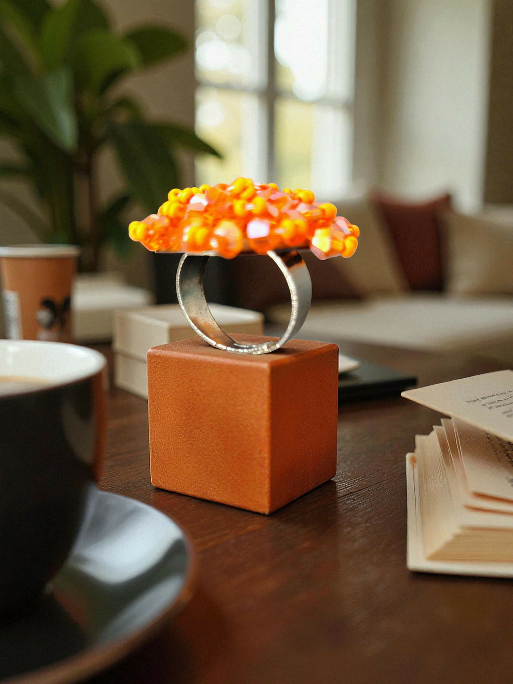 Inhanns Rang-E-Roshan Adjustable Ring – Handmade Crystal Statement Ring - Orange | Grocsy