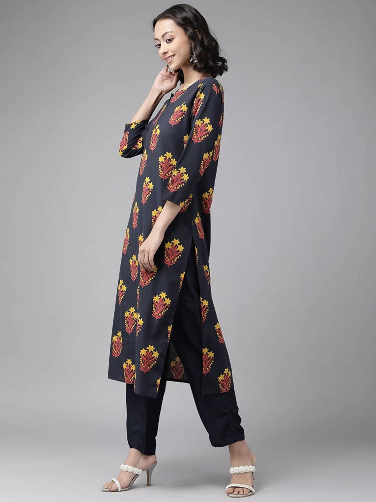 Yufta Navy Blue And Black Kurta And Palazzo Set | Grocsy