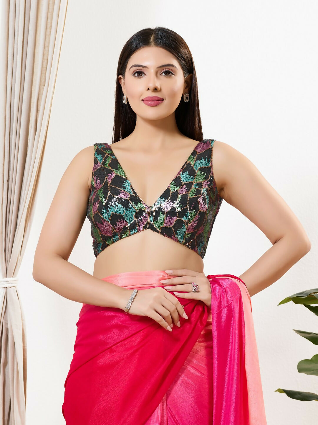 Joban Fashion Black Sequin Padded Blouse With V Neck Sleeveless | Grocsy