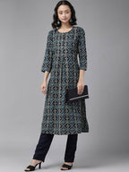 Yufta Teal Blue & Black Printed Pure Cotton Kurta with Palazzo | Grocsy