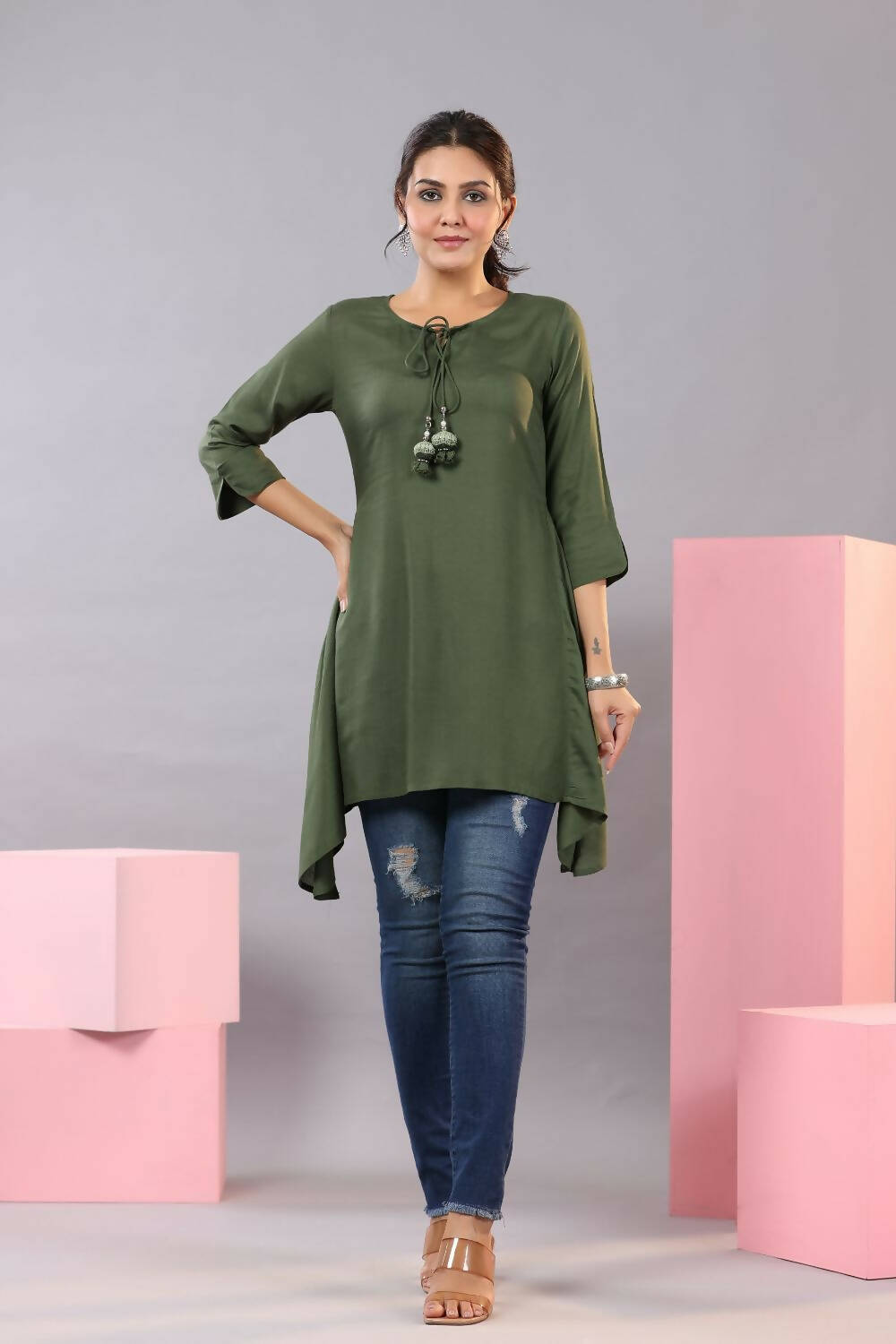 Juniper Women Olive Rayon Solid Asymmetric Kurta | Grocsy
