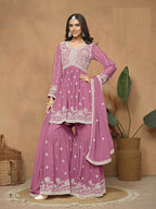 Anaita Pink Embroidered Faux Georgette Sharara Suit | Grocsy