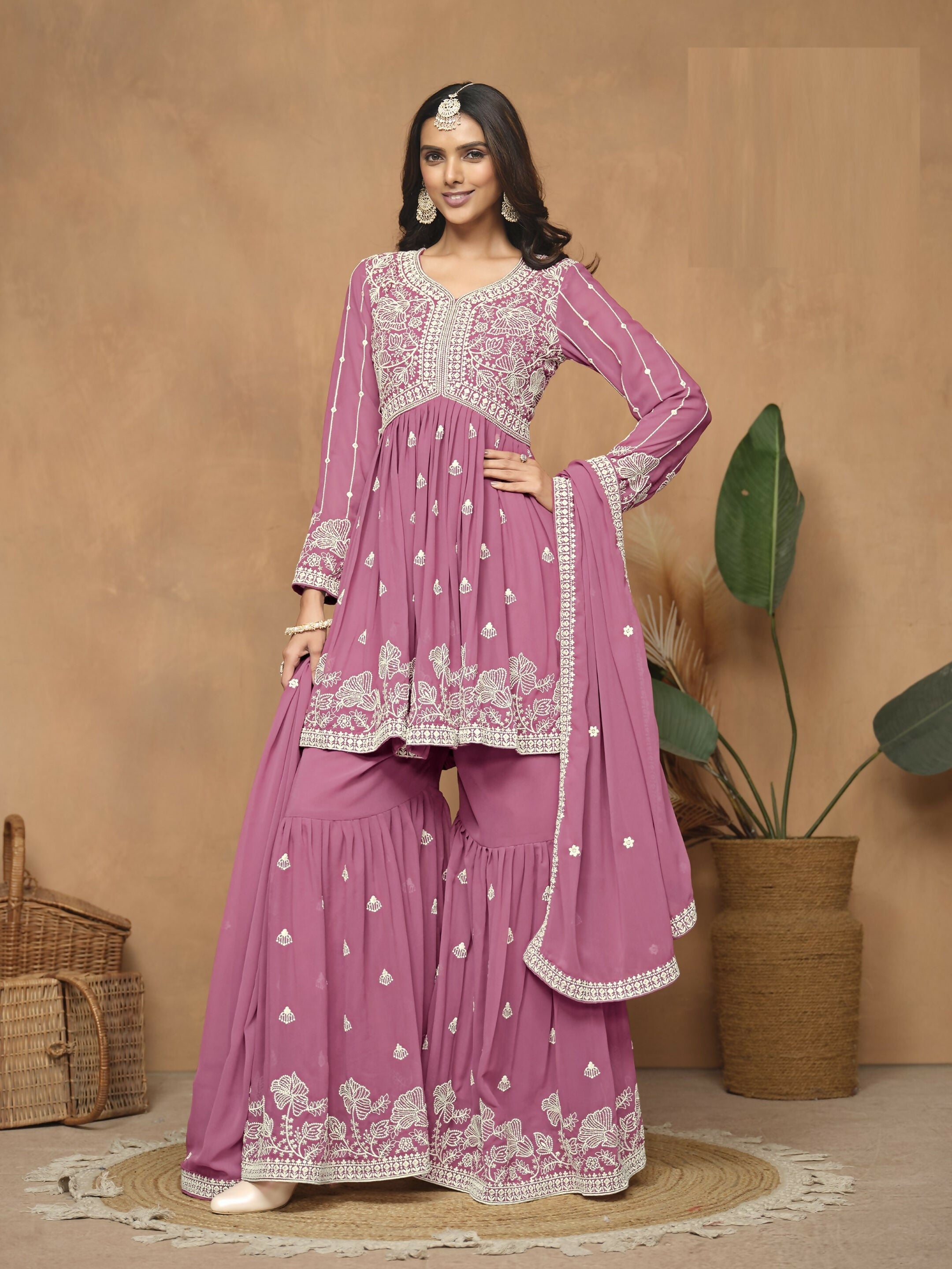 Anaita Pink Embroidered Faux Georgette Sharara Suit | Grocsy