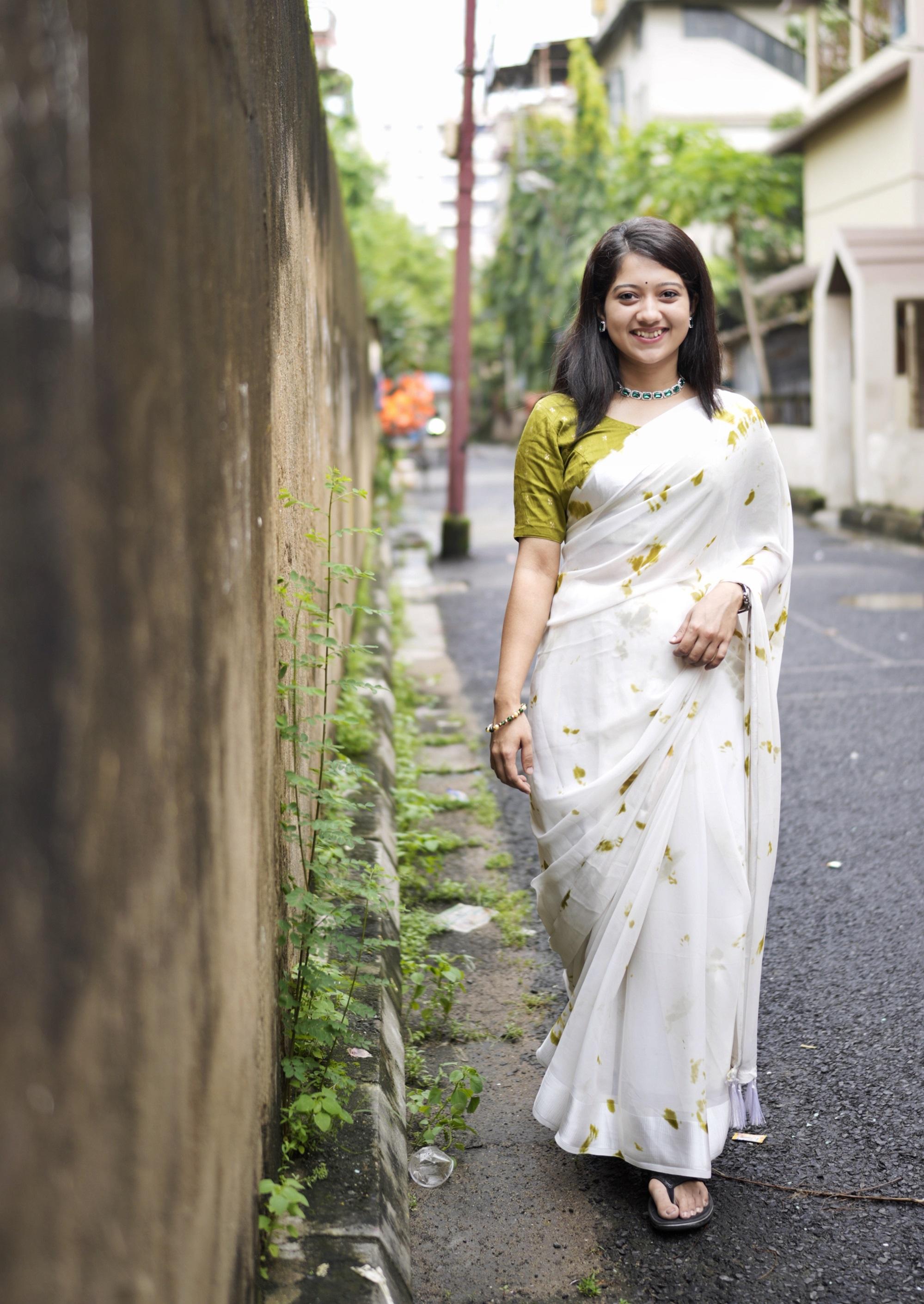 Mehndi Poly Georgette Tie And Dye Saree with Unstitched Blouse - A2M | Grocsy