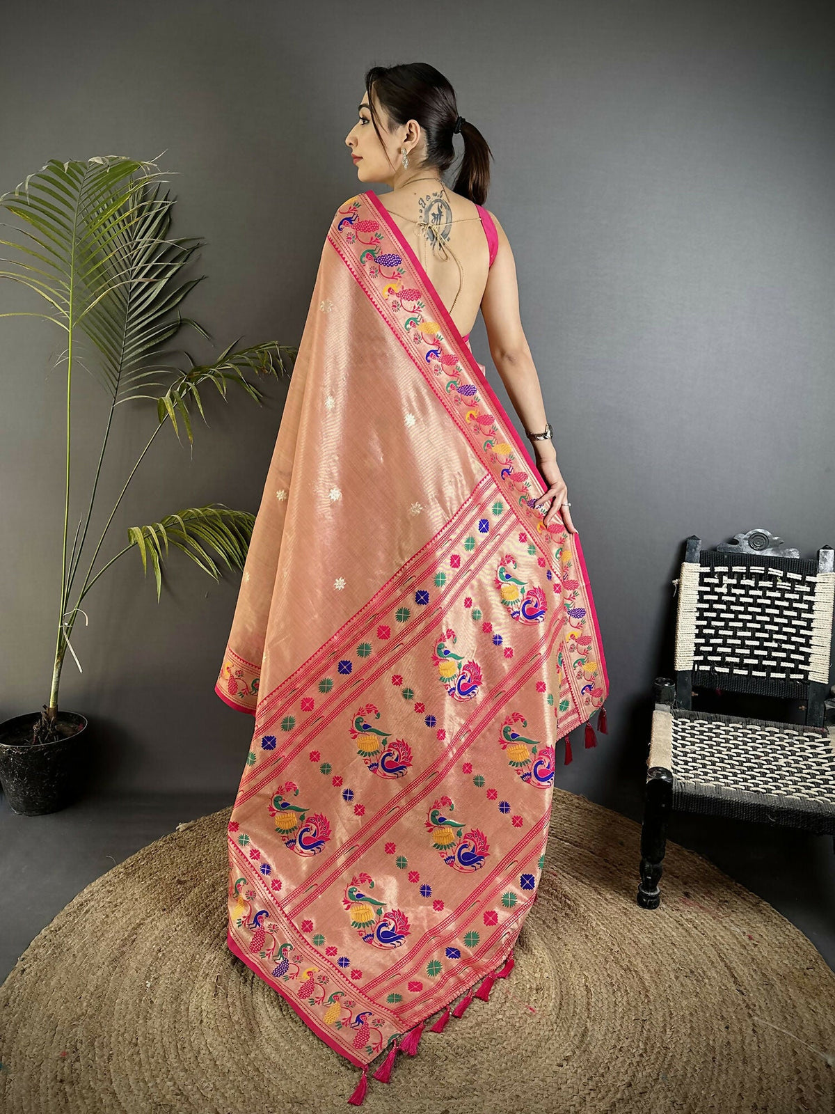 Joban Fashion Dark Peach Zari Weaving Tissue Paithani Saree | Grocsy