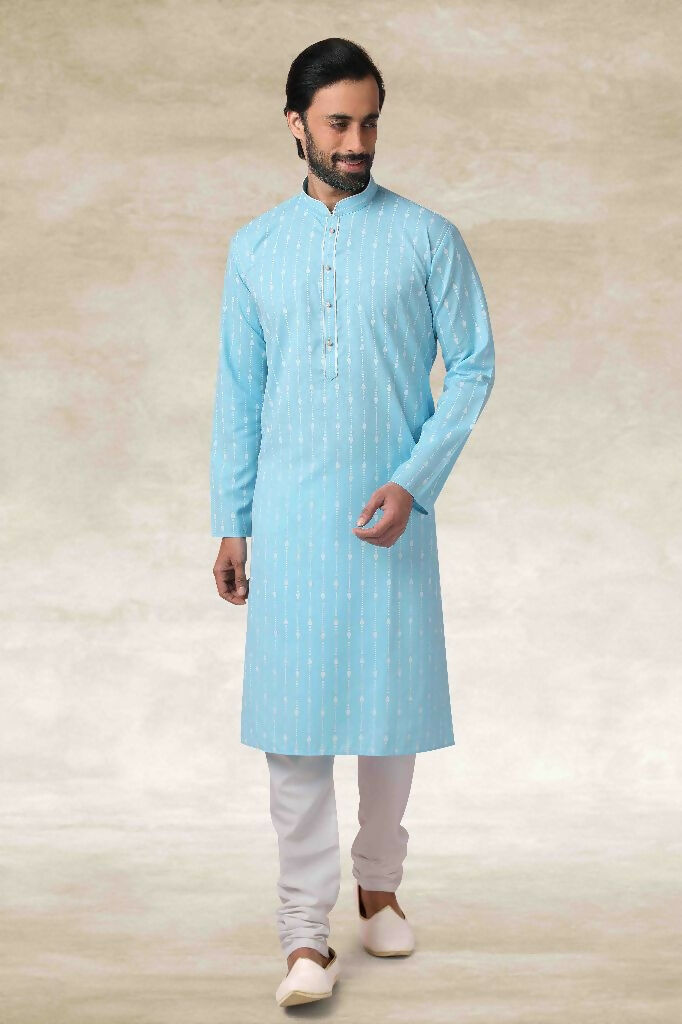 Raivat Ethnic Cotton Printed Work Kurta Pajama In Sky Blue Colour | Grocsy