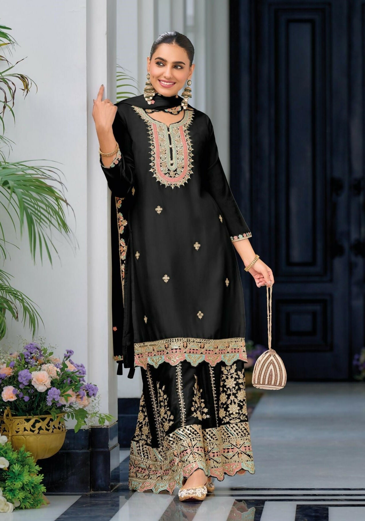 Anaita Black Premium Embroidered Chinon Readymade Salwar Suit (Free Size) | Grocsy