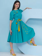 Joban Fashion Teal Blue Dress with Belt | Grocsy