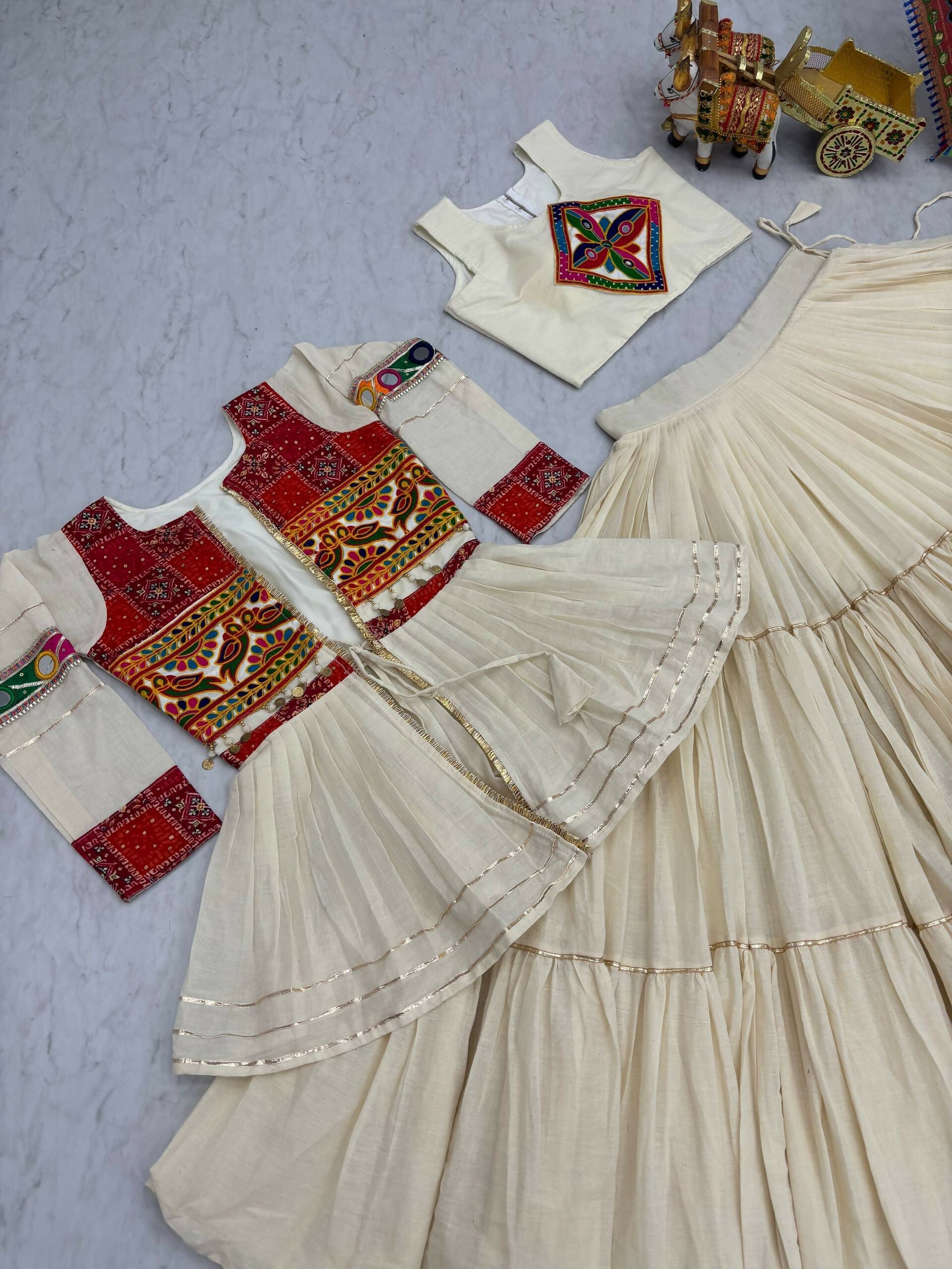 Teeya Creation Womens New Stylish Heavy Gamthi Work With Mirror Lace Work Cream Gown Set | Grocsy