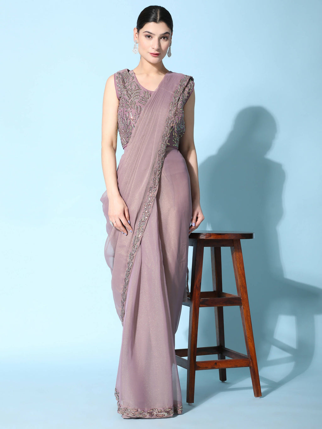 Purple Fancy Pure Fabric Plain Ready to wear Saree with stitched Blouse - Vrinda | Grocsy