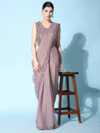 Purple Fancy Pure Fabric Plain Ready to wear Saree with stitched Blouse - Vrinda | Grocsy