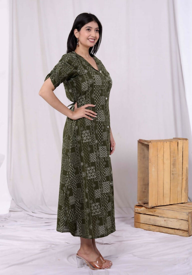 Miravan Women's Pure Cotton Floral Printed Green Button Down A-Line Midi Dress | Grocsy