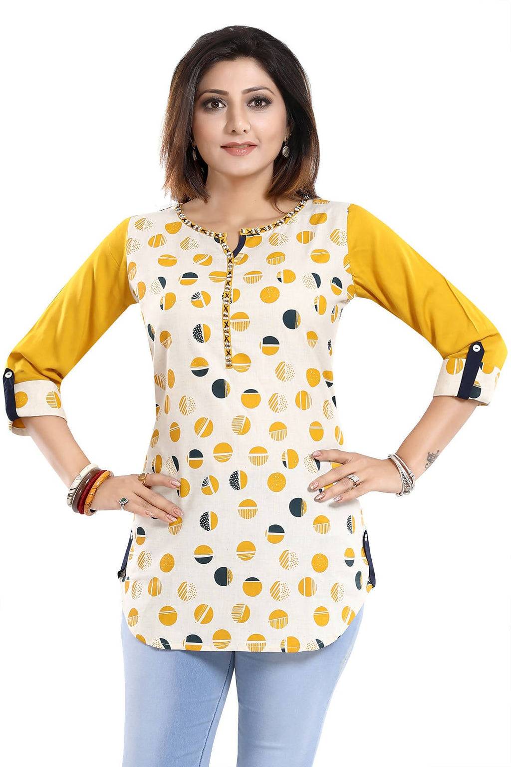Snehal Creations Cotton Printed Apple-Cut Short Tunic | Grocsy