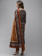 Yufta Women Navy Blue Ethnic Motifs Regular Thread Work Pure Cotton Kurta with Trouser With Dupatta | Grocsy