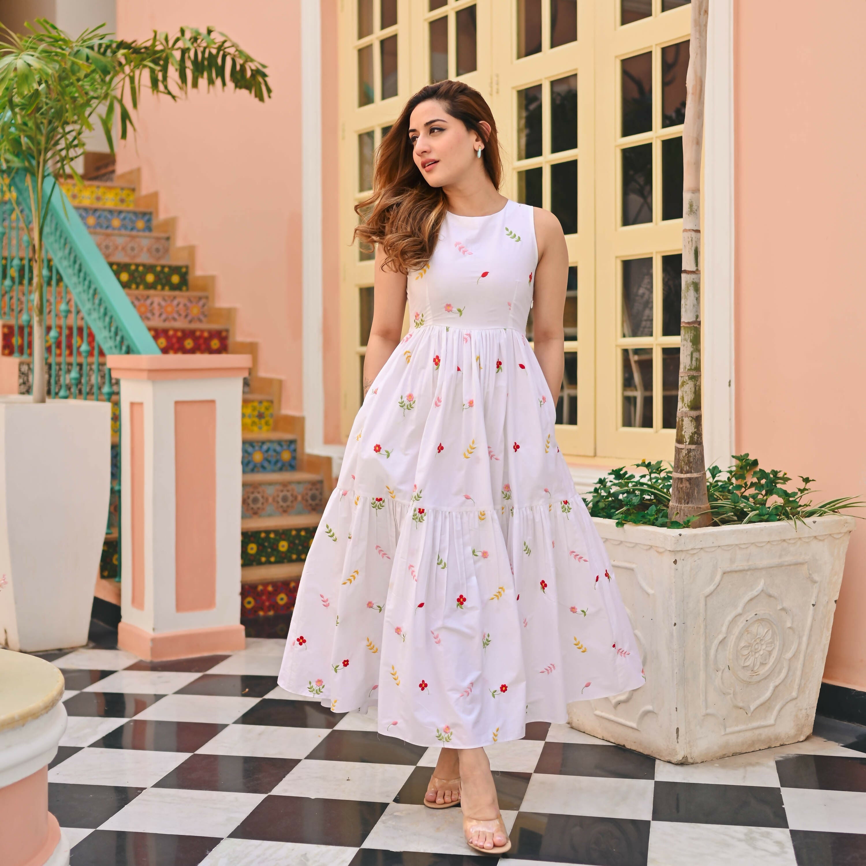 The52 Women's Gorgeous Thread work Cotton Rayon Fabric Flared Dress | Grocsy