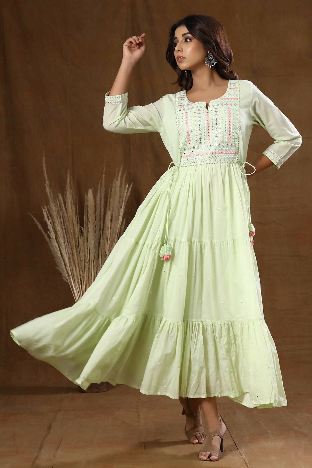 Kaajh Women's Green Mirror Embellishment Anarkali Kurta | Grocsy
