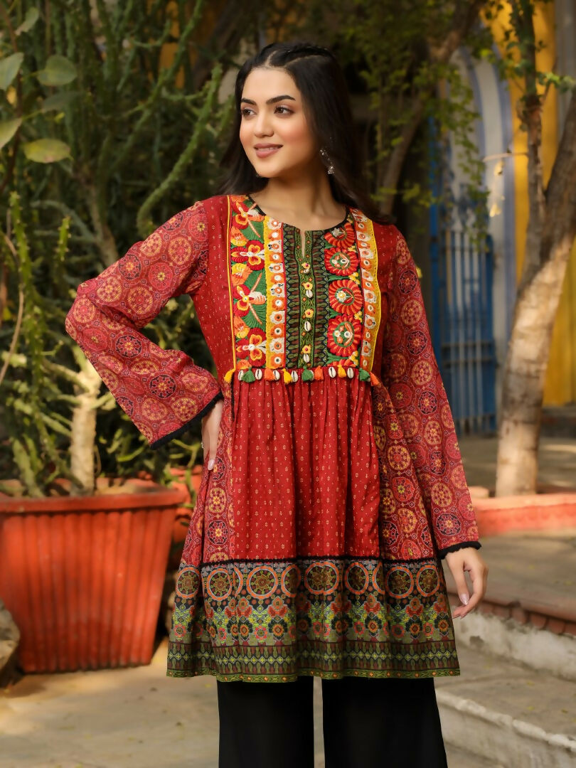 Juniper Rust Ethnic Motif Printed Cotton & Chiffon Peplum Tunic With Thread Embroidery & Tassels | Grocsy