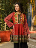 Juniper Rust Ethnic Motif Printed Cotton & Chiffon Peplum Tunic With Thread Embroidery & Tassels | Grocsy