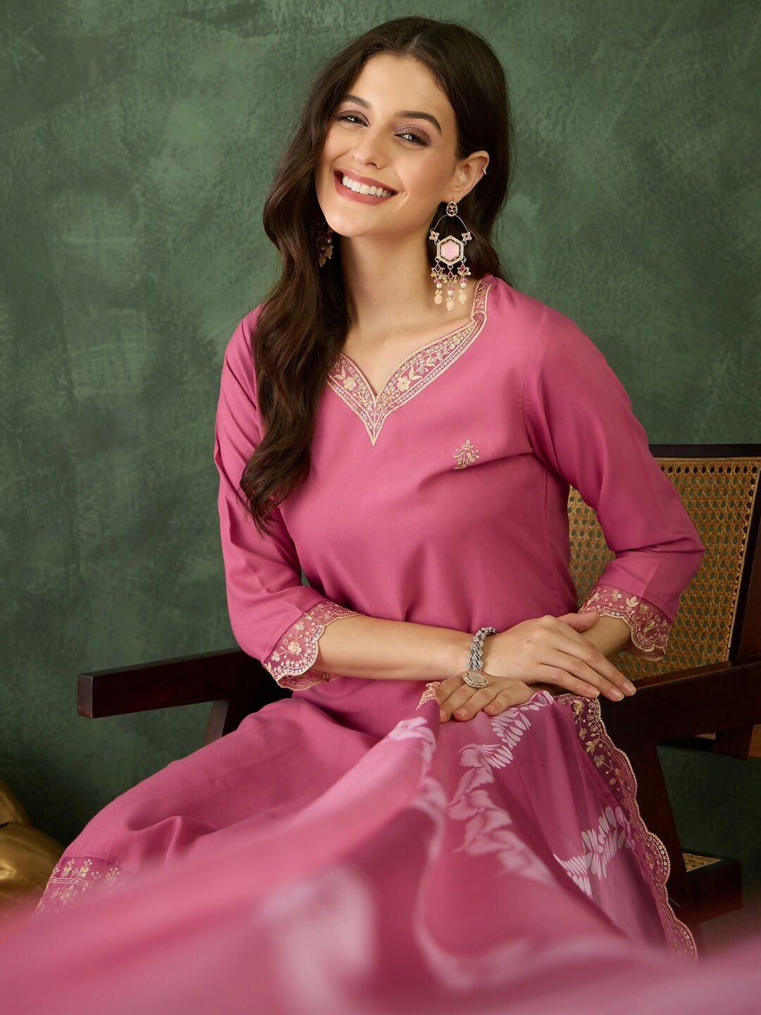 The52 Women's Beautiful Rayon Fabric Embroidery Work Straight Kurta Pant and Dupatta Set-Pink | Grocsy