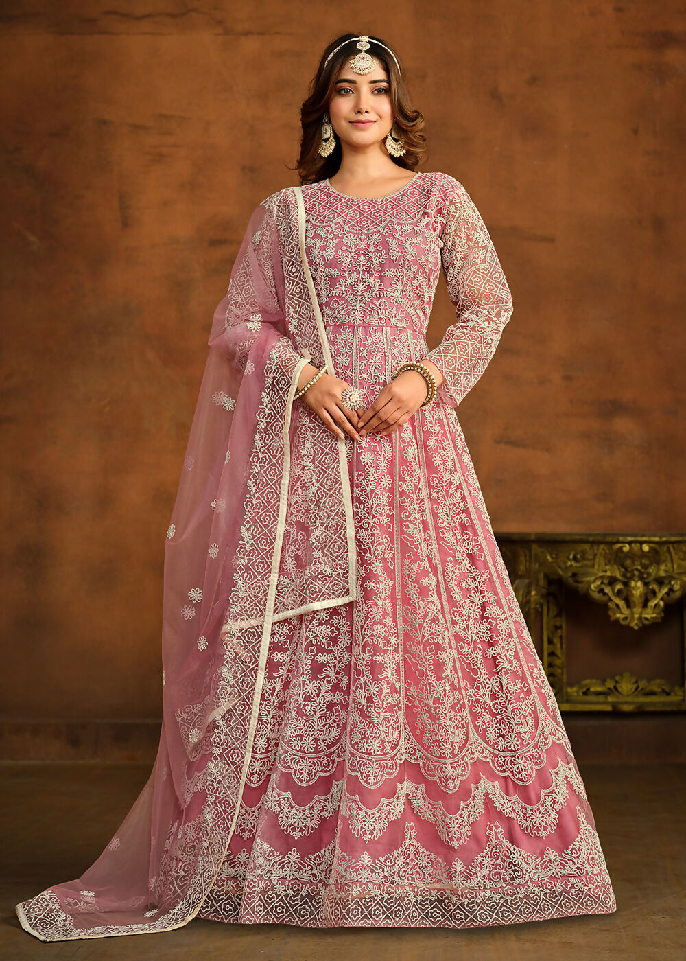 Pink All Over Embroidered Net Wedding Anarkali Suit - Emponline | Grocsy