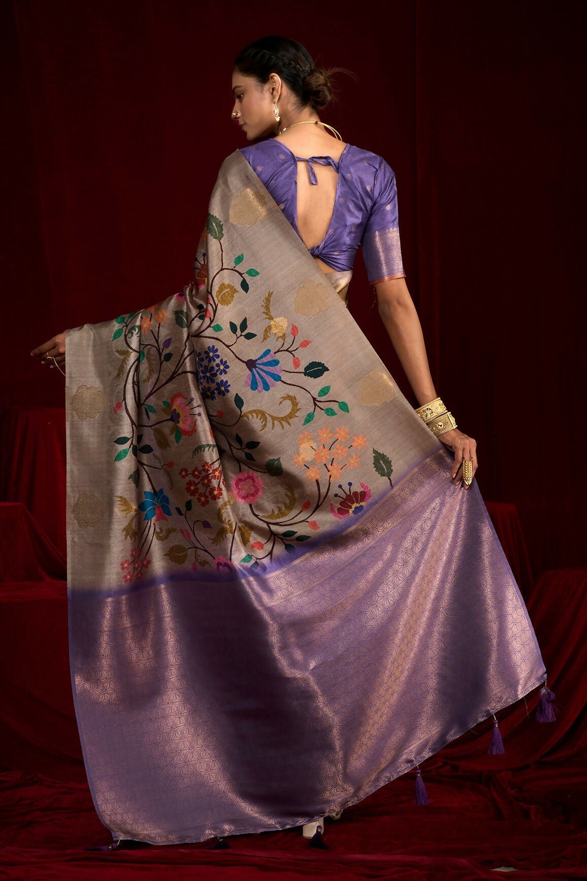 Joban Fashion Powder Blue Soft Silk Weaving Fabric With Digital Jamdani Print With Jacquard Rich Pallu & Blouse With Spring Tassels | Grocsy