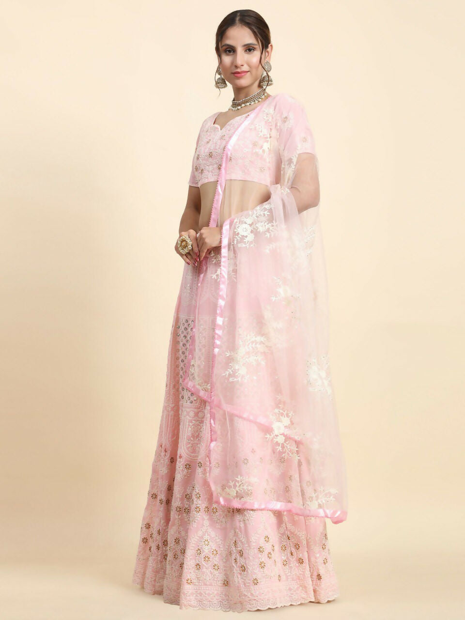 Jyoti Fashion Stunning Baby Pink Faux Georgette 3MM Sequins with Thread & Jari Embroidery Lehenga Choli with Dupatta | Grocsy