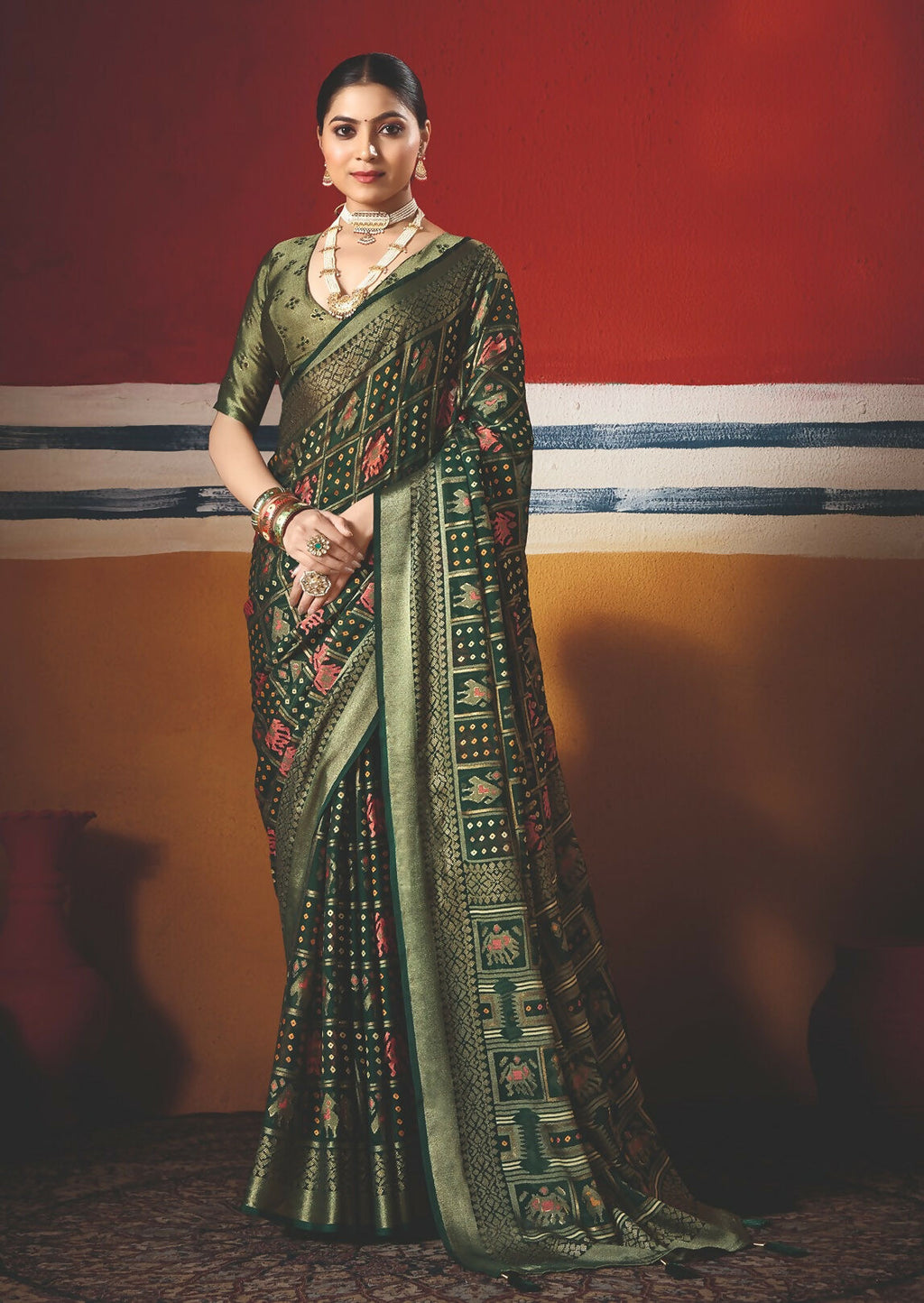 Joban Fashion Bottle Green Dull Moss Brasso Saree | Grocsy