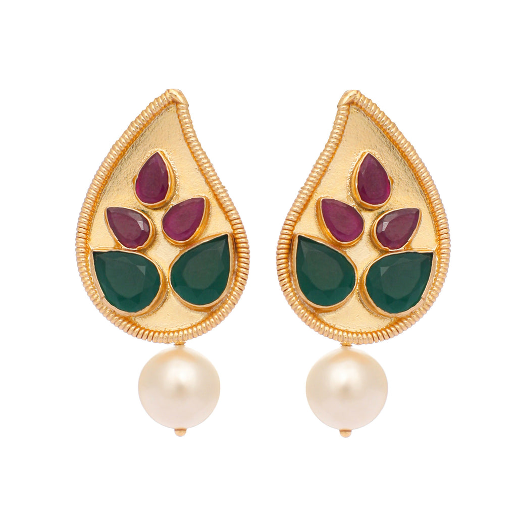 Nuyug 22K Gold Plated Emarald Stone Studded Contemporary Petal Shaped Pearl Drop Stud Earrings | Grocsy