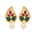 Nuyug 22K Gold Plated Emarald Stone Studded Contemporary Petal Shaped Pearl Drop Stud Earrings | Grocsy