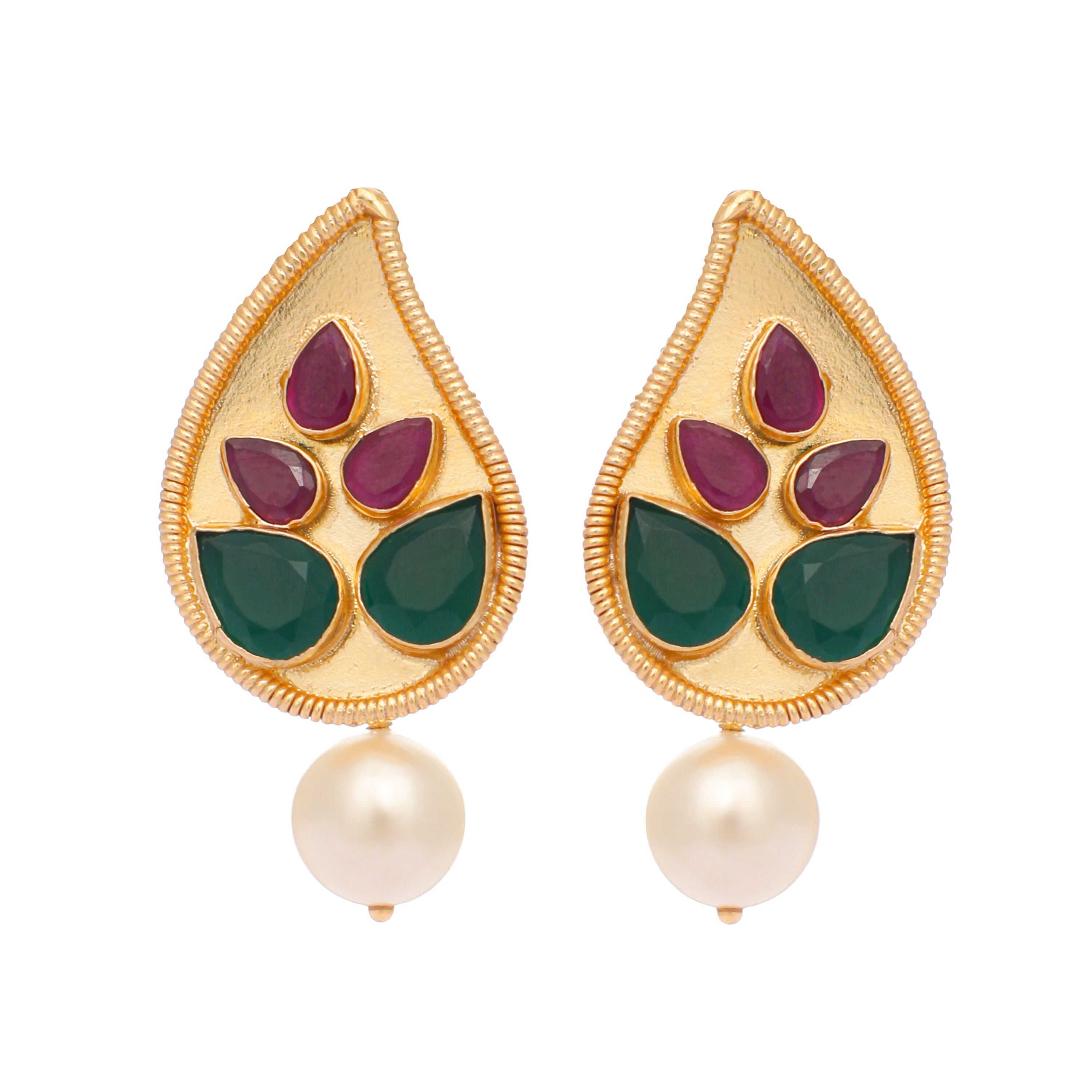 Nuyug 22K Gold Plated Emarald Stone Studded Contemporary Petal Shaped Pearl Drop Stud Earrings | Grocsy