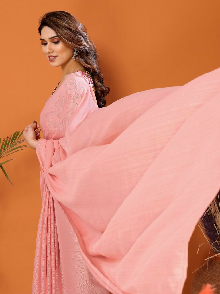 Partywear Designer Peach Polyester Zari Fancy Saree - Starwalk | Grocsy