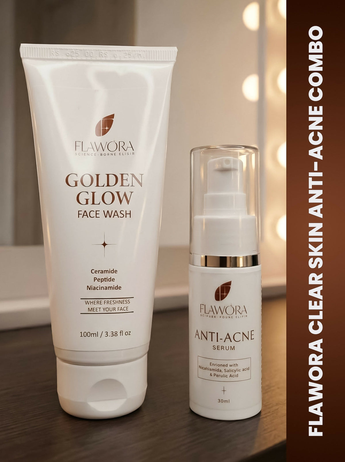 Flawora Set of Golden Glow Face Wash and Anti Acne Serum | Grocsy