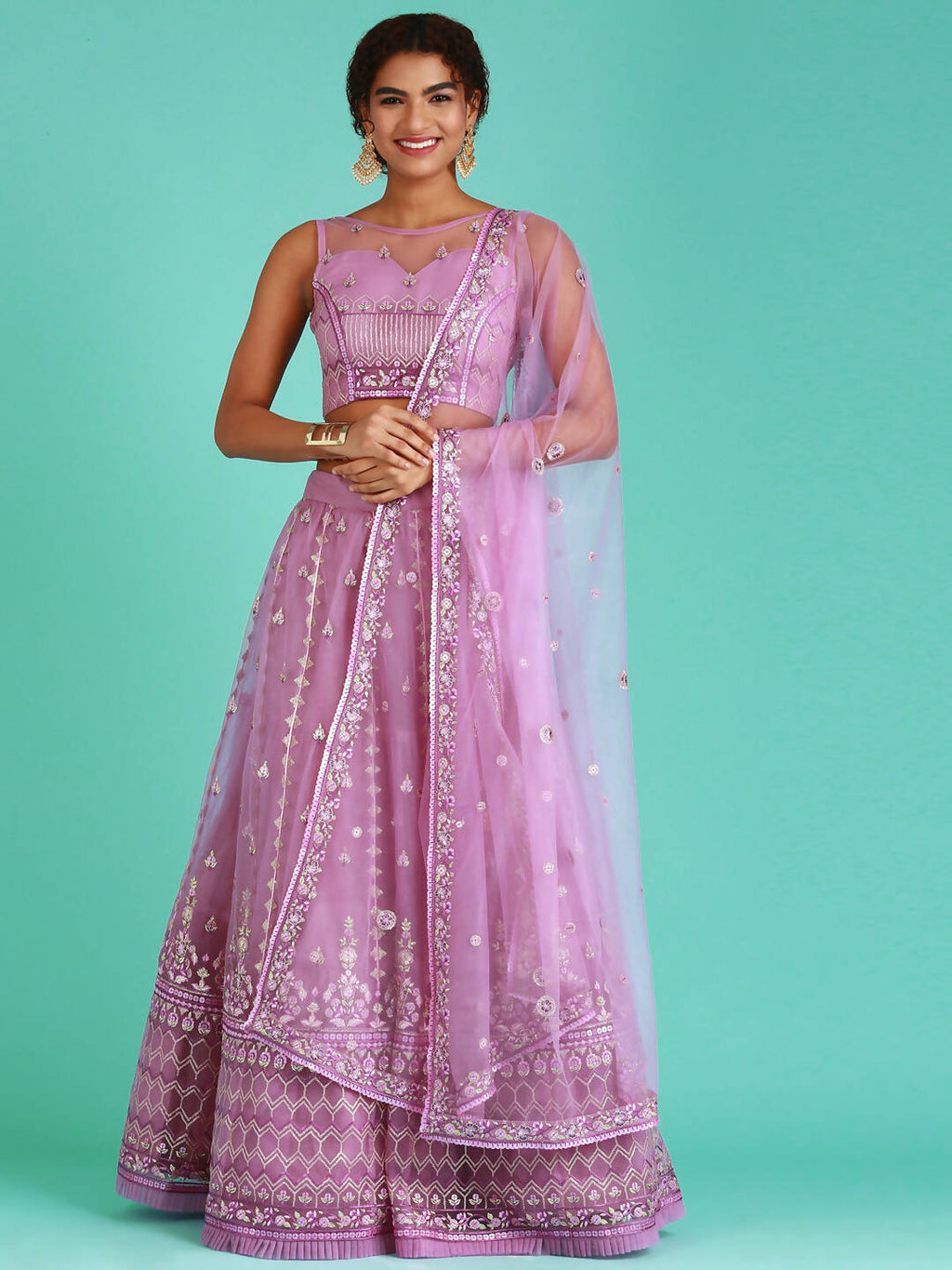 House of Panchhi Rose Gold Net Sequinse Work Lehenga & Blouse, Dupatta | Grocsy