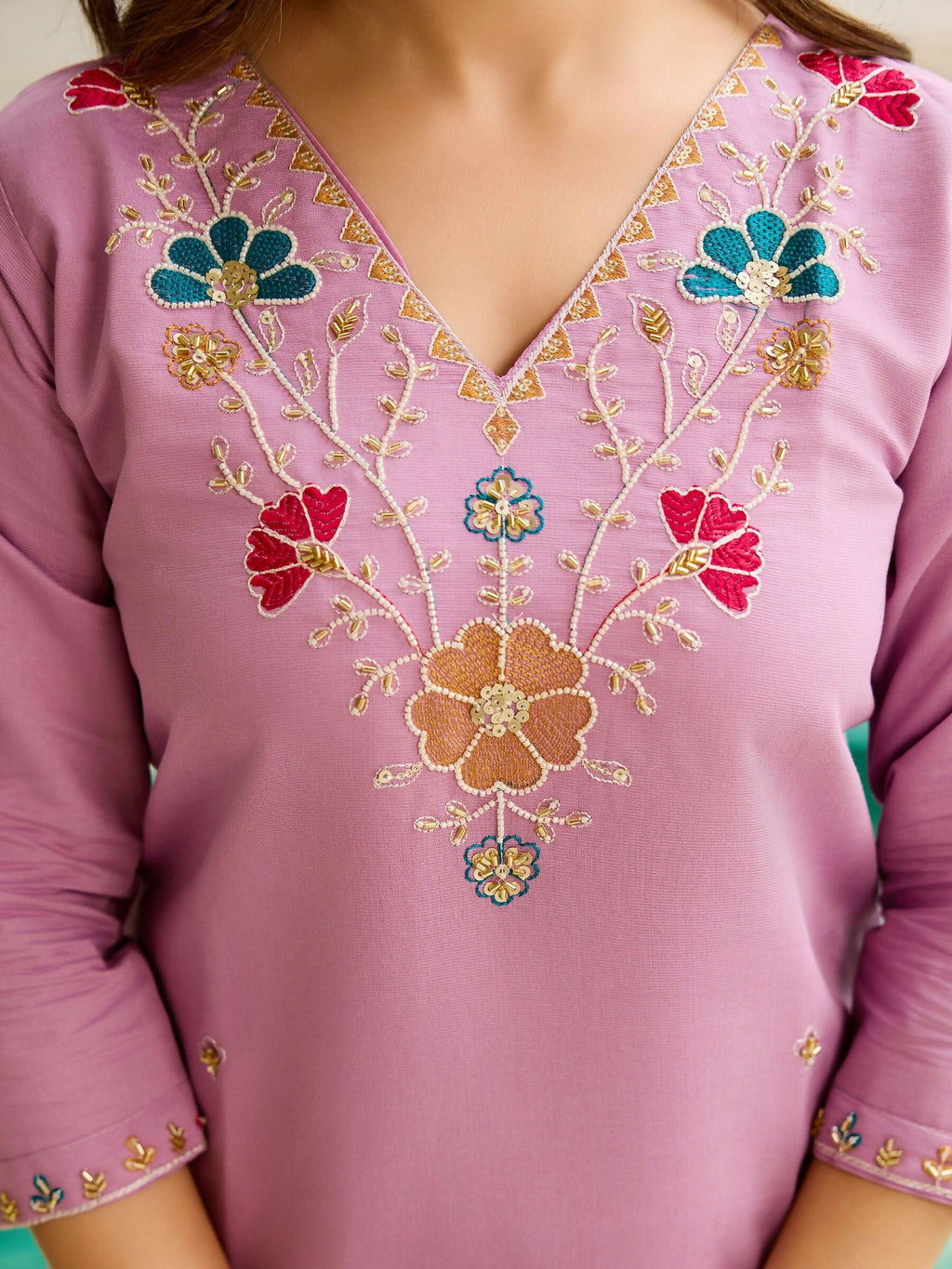 The52 Lavender Women's Gorgeous Embroidered work Viscose Gadhwal Fabric Straight Kurta, Pant and Dupatta Set | Grocsy