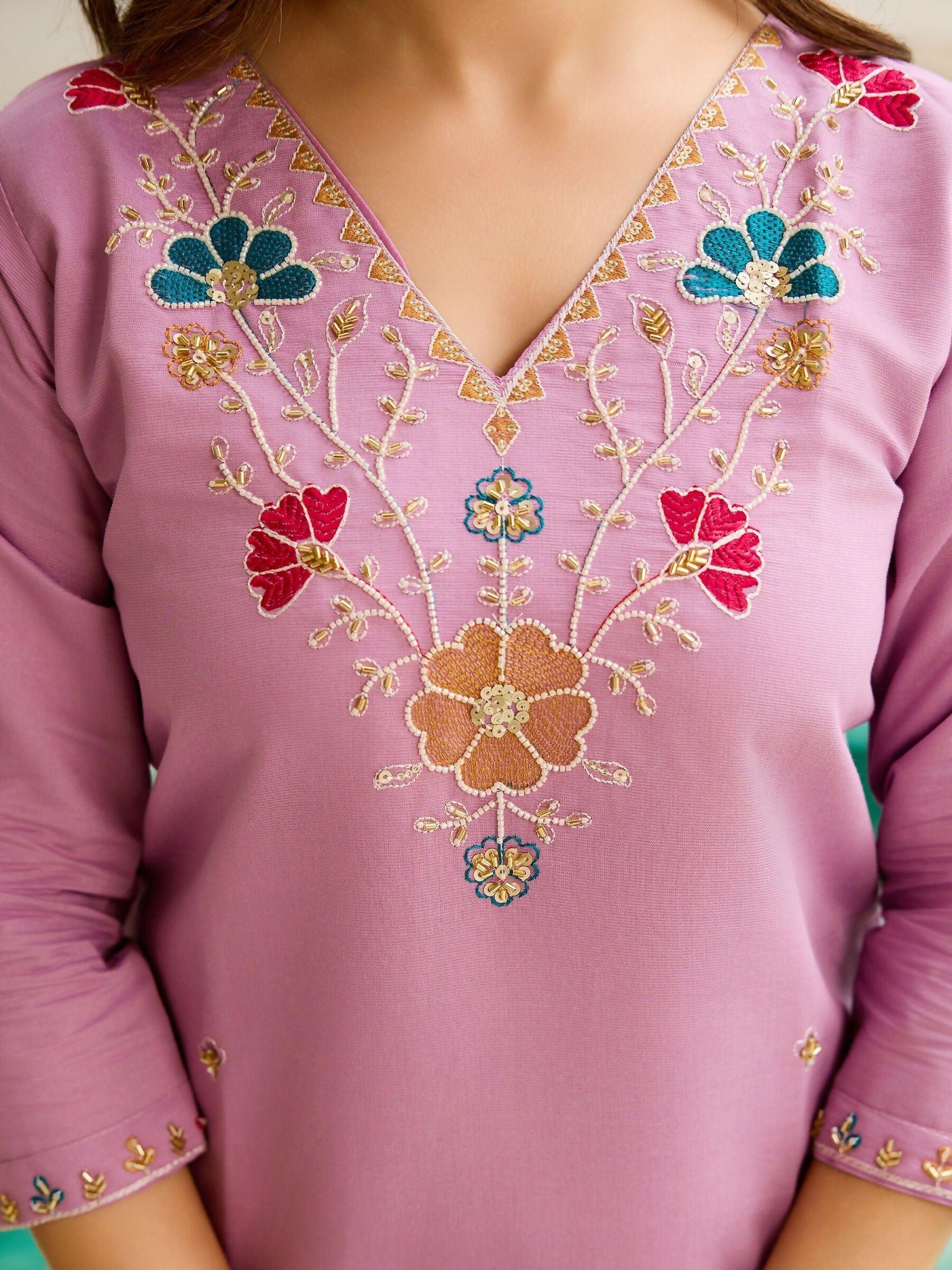 The52 Lavender Women's Gorgeous Embroidered work Viscose Gadhwal Fabric Straight Kurta, Pant and Dupatta Set | Grocsy