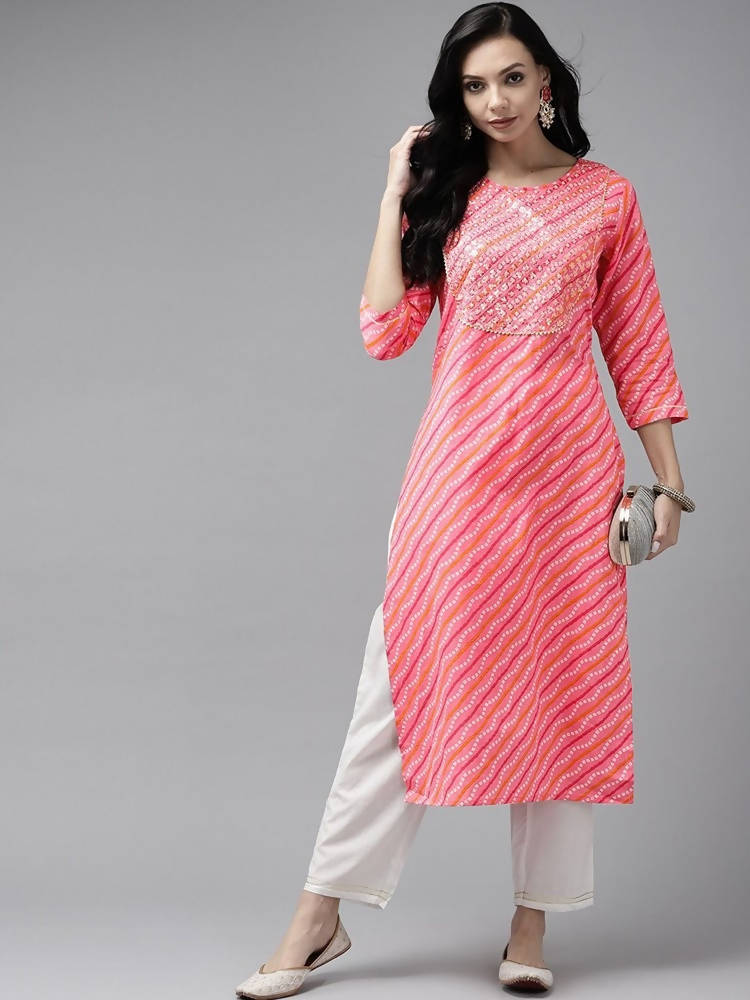 Yufta Women Pink Bandhani Yoke Design Regular Sequined Pure Cotton Kurta with Palazzo | Grocsy
