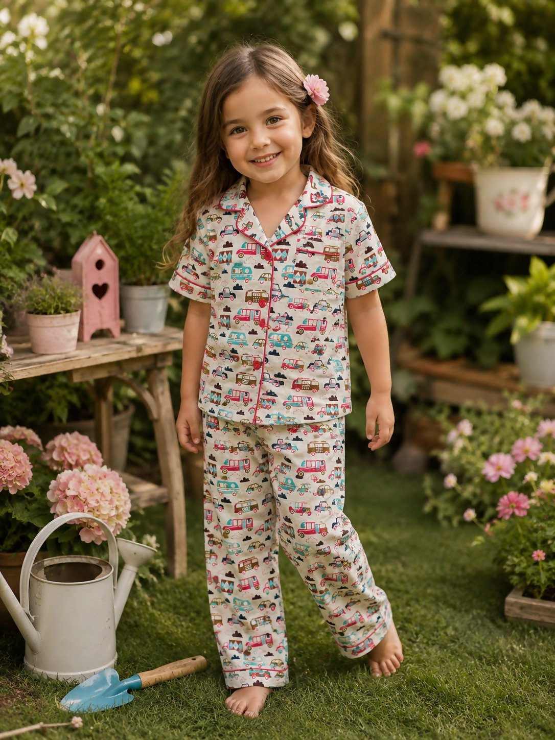 Breathables Woven Cotton Half Sleeves Bus Cars Shirt & Pyjama White | Grocsy