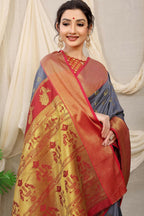 Jyoti Fashion Women's Grey Banarasi Silk Zari Woven Saree with Blouse | Grocsy